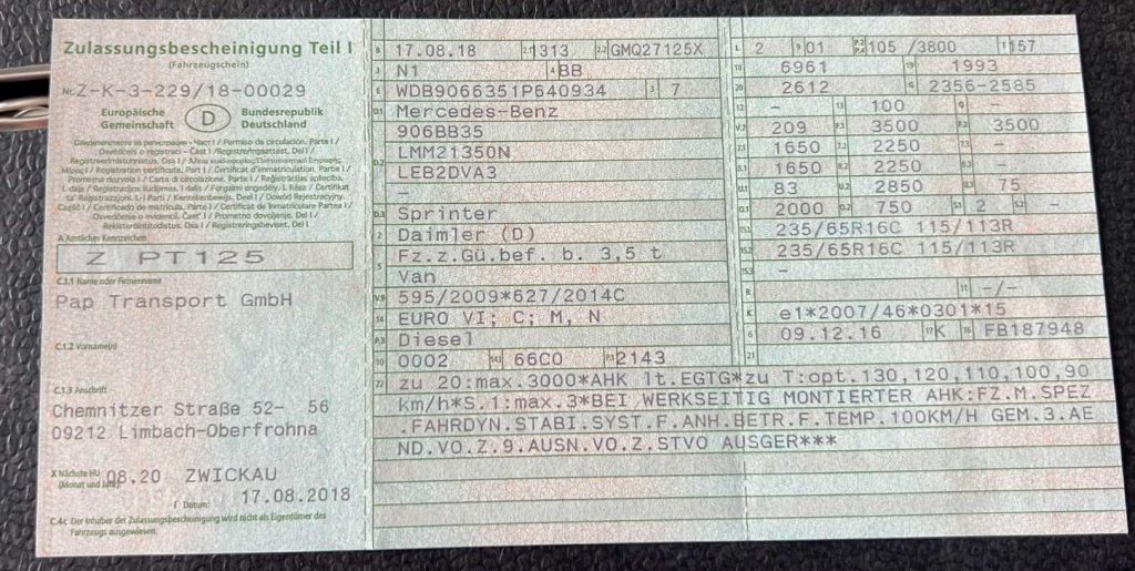 Малий тех. паспорт Zulassungsbescheinigung Teil I - Технічний паспорт Німецького автомобіля