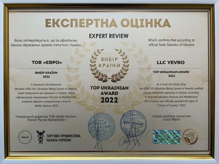 нагорода вибір країни 2022 top ukrainan award 2022 для компанії Yevro